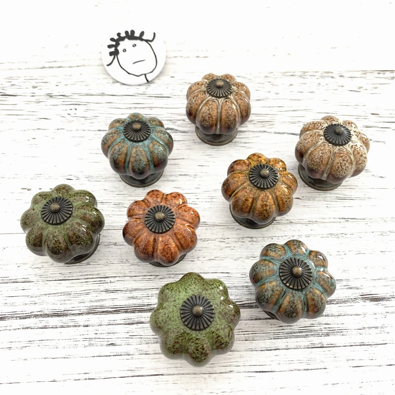 LCH 40MM Cracked  leopard print Ceramic Pumpkin Knobs for Kids Ancient Style Colored glaze Cupboard Handle Door Pull