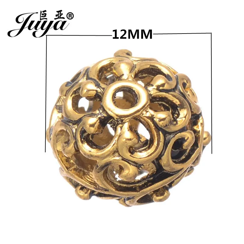 JUYA 20pcs/lot 12mm Engrave Hollow Alloy Beads Ancient Gold/Silver Color Beads for Women Jewelry Making Supplies Accessories