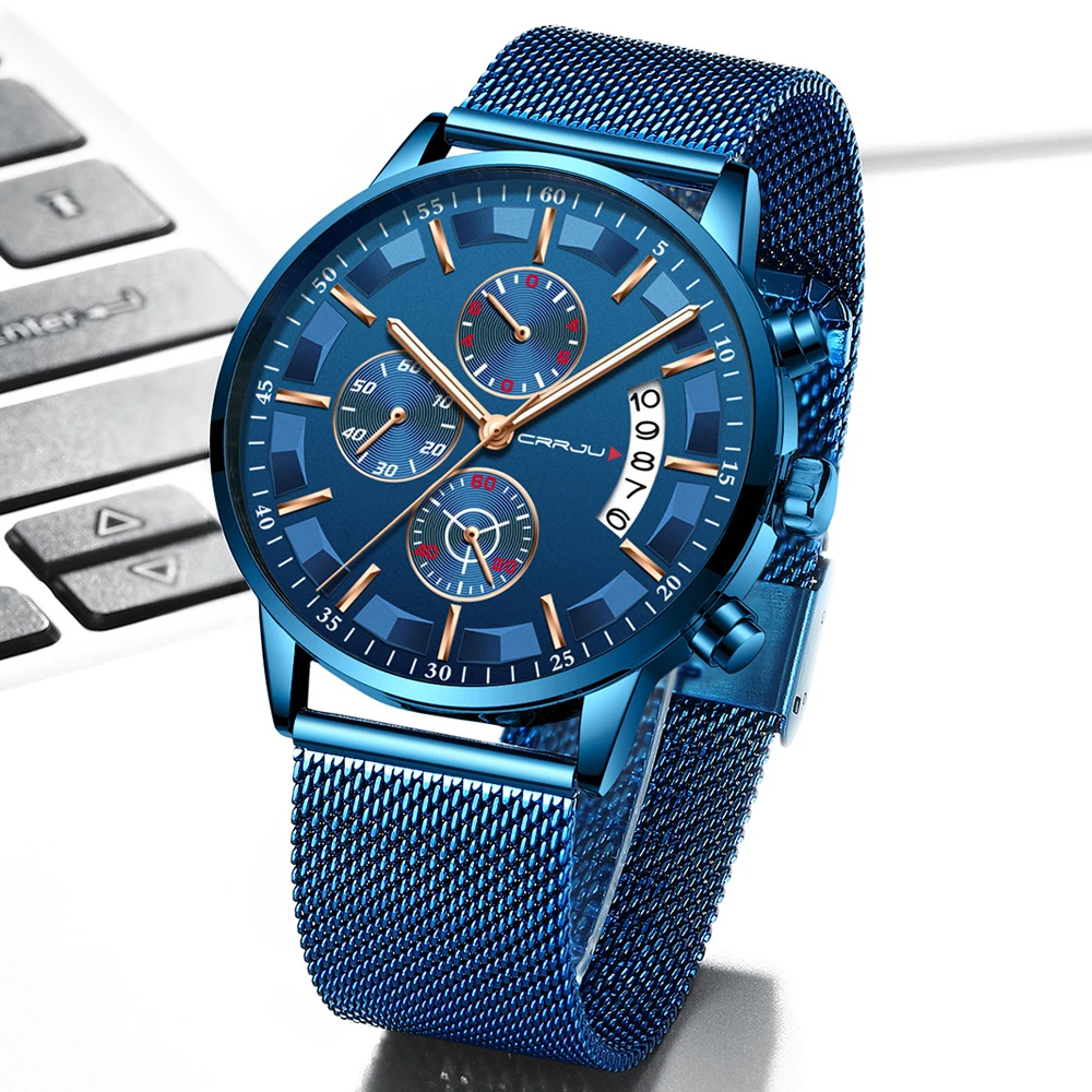 Crrju Mens Watches Waterproof Quartz Business Men Watch Top Brand Luxury Clock Casual Blue Sport Watch Relogio Masculino