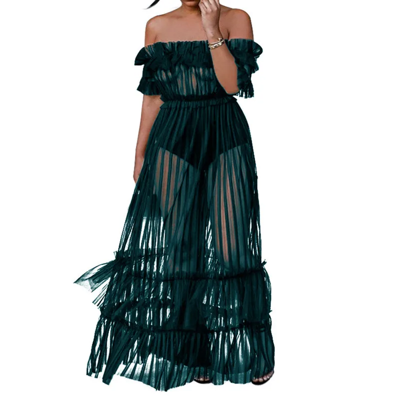 2019 Sheer Mesh Maxi Vestito Delle Donne Off Spalla Vestito Da Estate Volant Night Club Vestito Da Partito Sexy Vedere Attraverso Lunghi Abiti Da