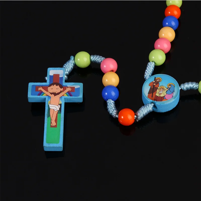 New Cartoon Jesus Cross Pendant. Handmade Braided Rope Colored Rosary Necklace Child Girl Catholic Fashion Religious Jewelry