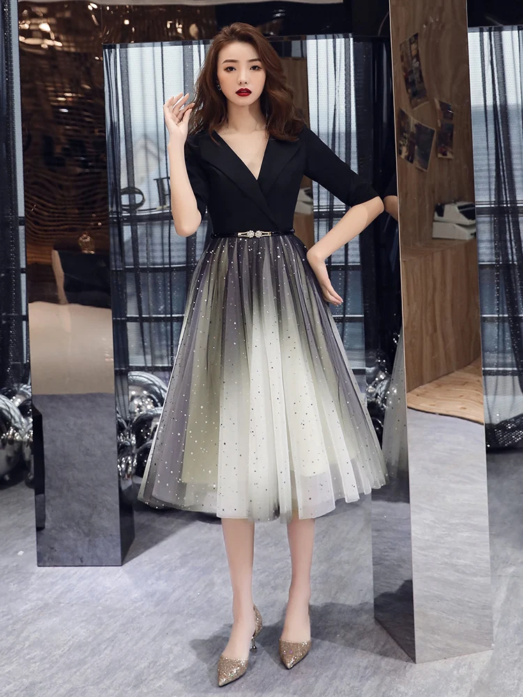 wei yin Formal Evening Dresses Black Deep V-neck Half Sleeves Woman 2023 Elegant Evening Dresses Gowns WY1744