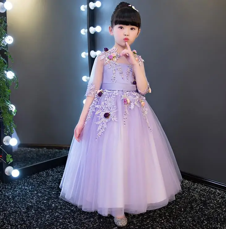 1-14Y Christmas Violet Lace Girls Wedding Dress flower Girl Dress Bead Half Sleeve Girls Prom Formal Dress First Communion Gown