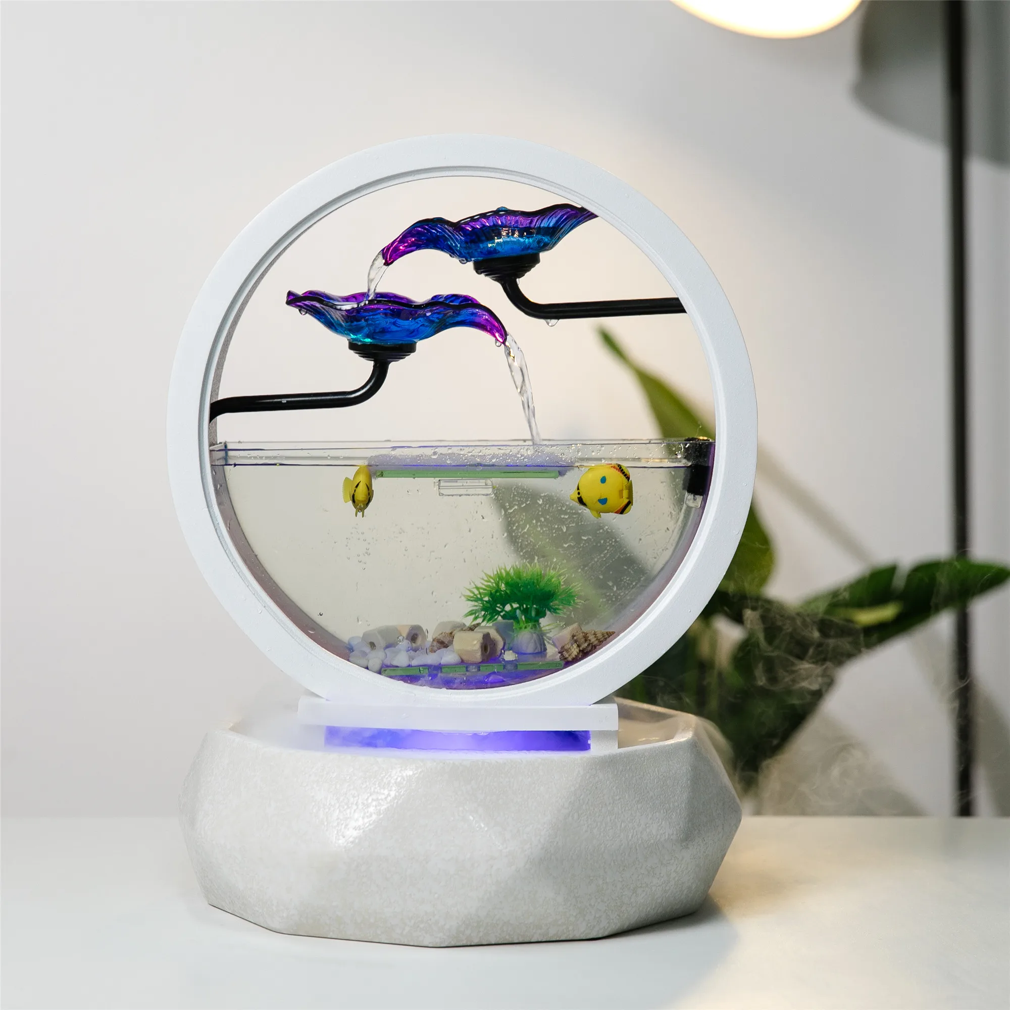 Creativity Table Top Water Fountain Small Fish Tank Round White Glass Aquarium Indoor Office Desktop Decoration Waterfall Kit