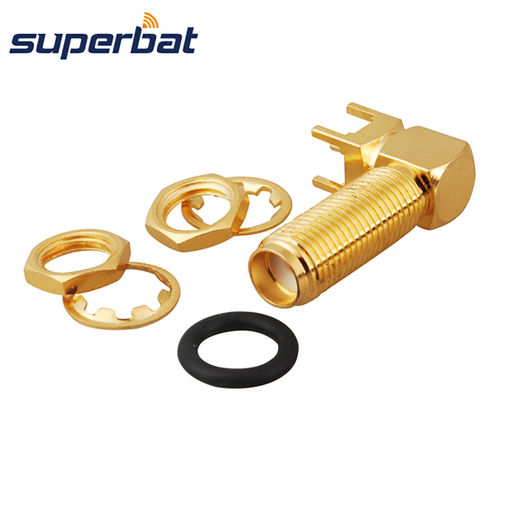 Superbat SMA doorgaand gat Vrouwelijke schot O-ring Rechte hoek PCB Mount Lange versie RF-coaxiale connector