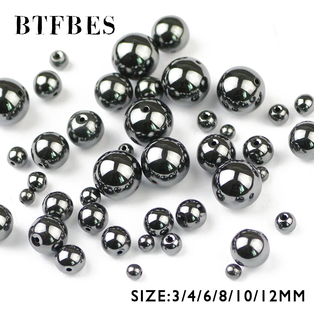BTFBES Natural Stone Hematite Beads Black Round Loose Beads Stone Ball Selectable 3/4/6/8/10MM For Bracelet Jewelry Making DIY