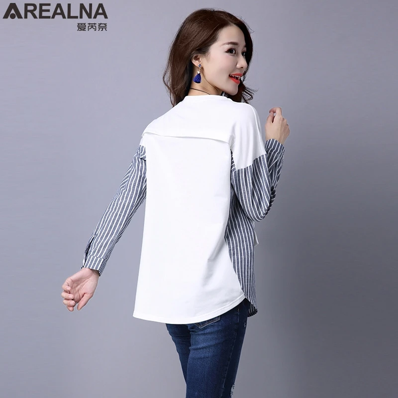 AREALNA 2022 new autumn Fake Two-Piece Hoodies Casual loose Pullover Vintage stripe Stitching cotton sweatshirt moletom feminino