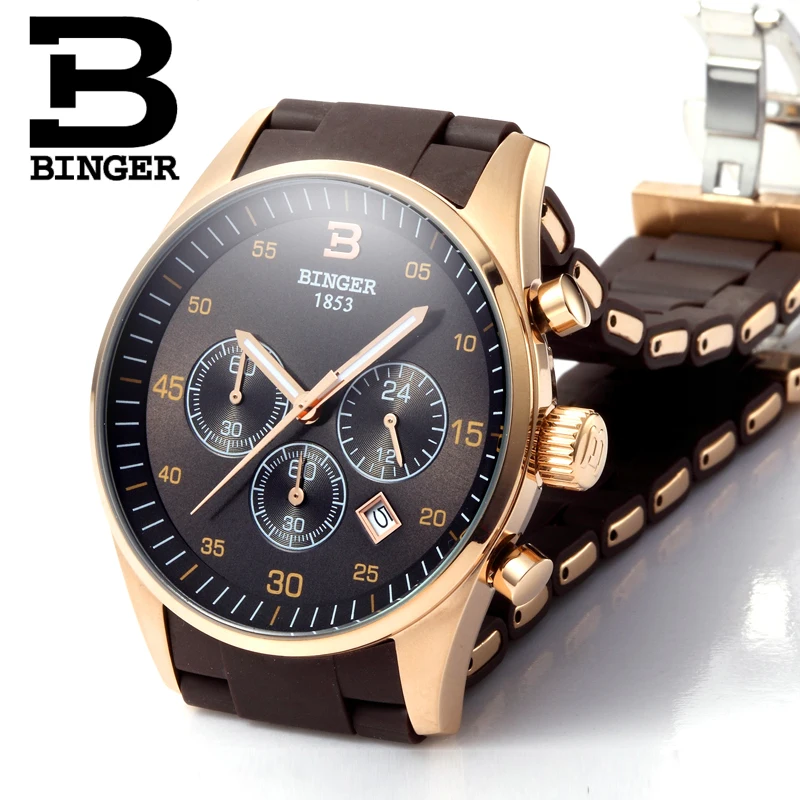 Luxury Brand Switzerland BINGER Men Stainless Steel Sapphire Luminous Gold Quartz Watches Hunter Three Eye Stopwatch waterproof