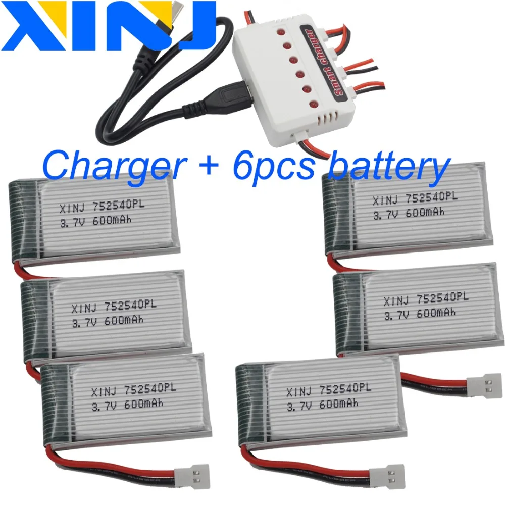 Charger+ 6pcs 3.7V 600mAh 25C Polymer LiPo Li Battery JST-XH 2.54mm Plug 752540 For Syma X5C X5SC TK M80 RC Quadcopter Drone