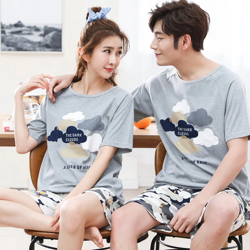 Summer 100%Cotton Short Sleeve Couple Pajamas Set Round Neck Leisure Loose M-4XL Lovers Homewear Pyjamas