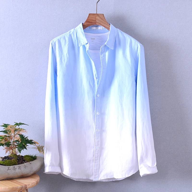 New brand long sleeve 100% linen shirts men fashion gradient sky blue shirt male casual tops comfortable shirt mens camisa