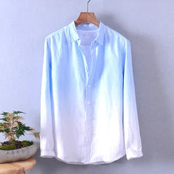 New brand long sleeve 100% linen shirts men fashion gradient sky blue shirt male casual tops comfortable shirt mens camisa