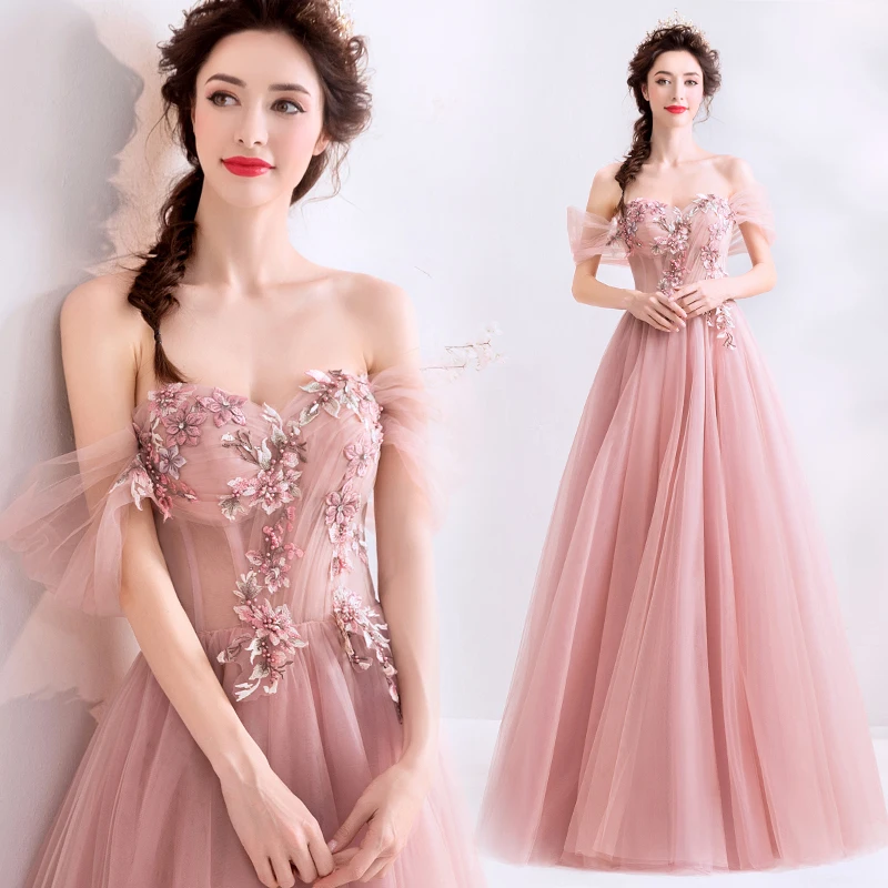 Romantische Off De Schouder Lange Prom Jurken A-lijn Fairy Rode Bonen Poeder Formele Party Dress 2019 Hot Koop Vestidos De prom Jassen