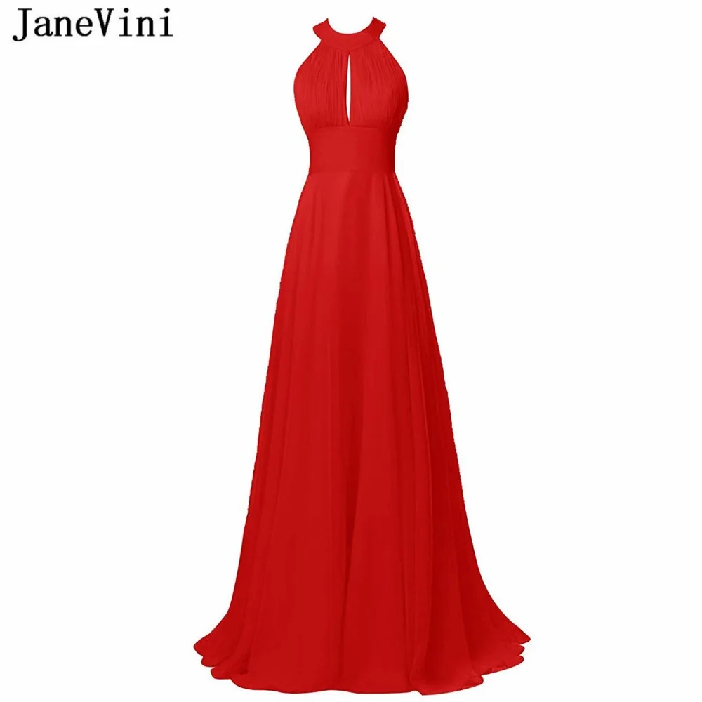 

JaneVini Charming Red Beach Plus Size Long Bridesmaid Dresses Halter A Line Backless Chiffon Floor Length Wedding Party Gowns