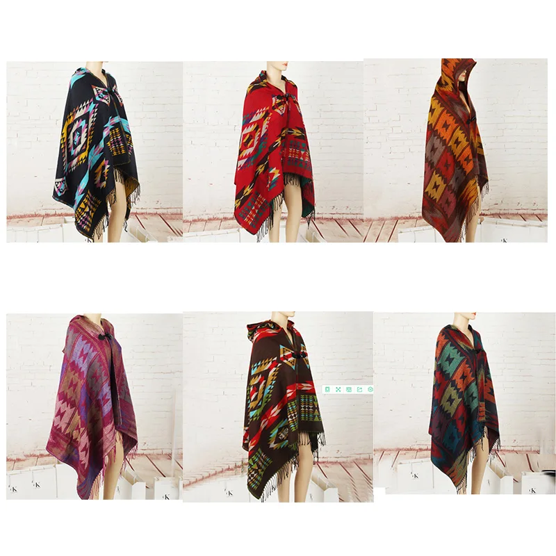 Poncho con capucha de punto de estilo moderno para mujer, bufanda sin mangas con borlas, abrigo bohemio, Pashmina informal con cuernos y hebilla,