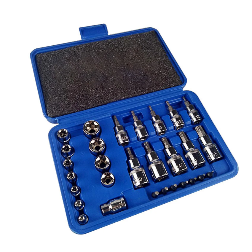 Pressure Batch Sleeve Group Sets, Head Machine, Motor Repair Tool, Socket Set, Wrench, Female Torx, Male, 30Pcs Set