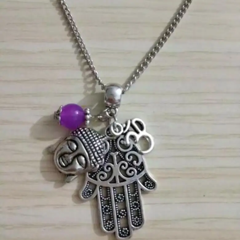 1 Pcs Fashion Vintage Buddha Hassam hand & Om yoga zen 3D Charm Pendant&Necklace Protection Women Jewelry