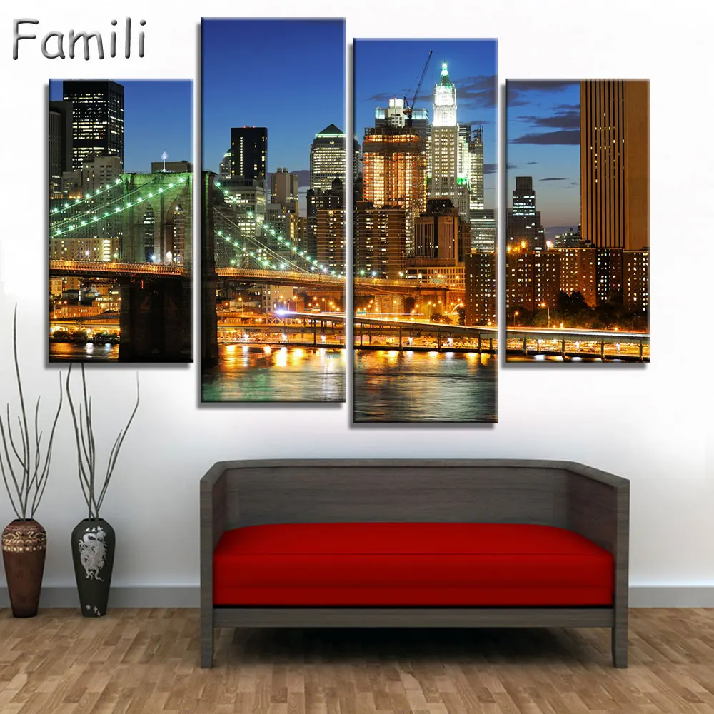 Stretched 4 Pcs/Set Modern Wall Paintings New York City Canvas Prints Cityscape Artist Canvas Decorative Picture