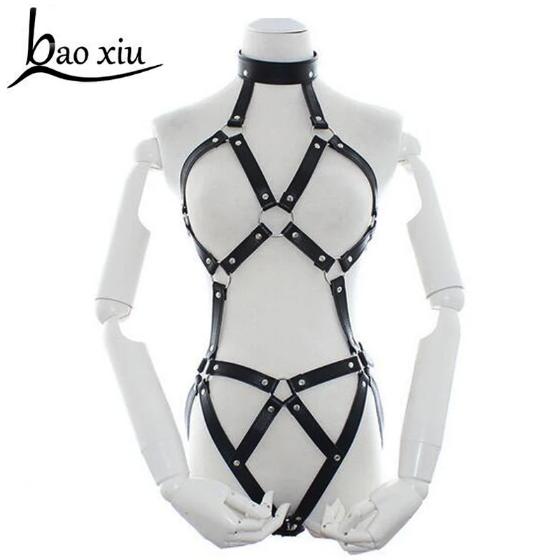 

Hot Halter metal Leather Harness Handcrafted sexy Body Bondage Bra Chest Caged Waist Belts Straps for women