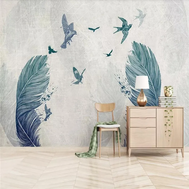 Simple watercolor feather bird TV background wall professional custom high-end mural factory wholesale wallpaper mural photo wal