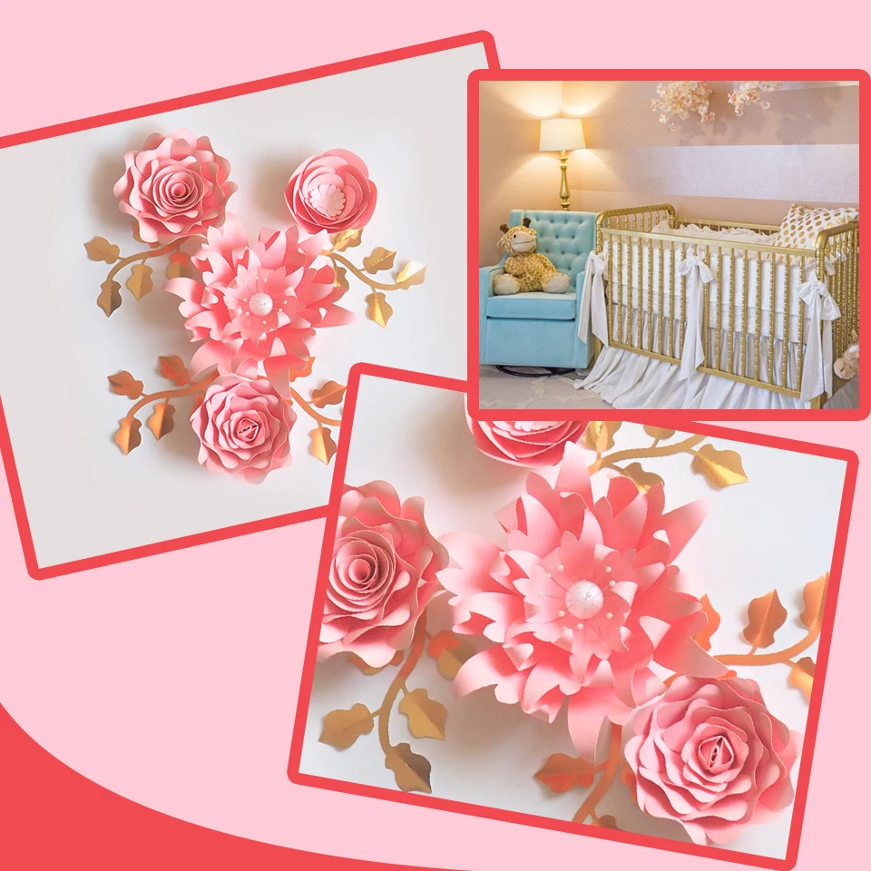 Handmade Pink Rose DIY Paper Flowers Leaves Set For Wedding Event Backdrops Decorations Girls Nursery Wall Deco Video Tutorials