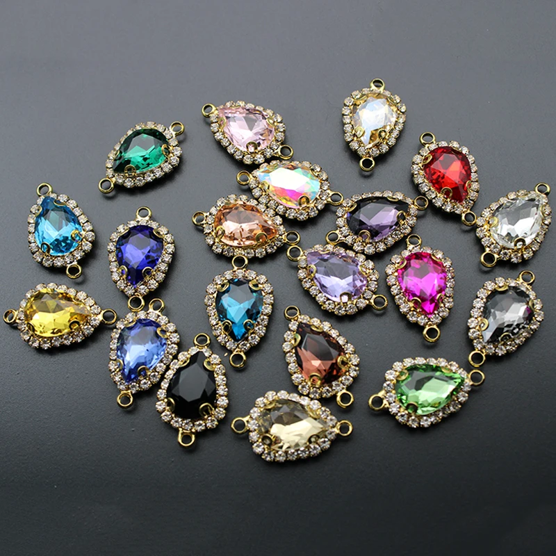 10PCS Brass Rhinestone Crystal Glass Connectors Water Drop Charms Pendants for DIY Jewelry Necklace Earrings Accessories