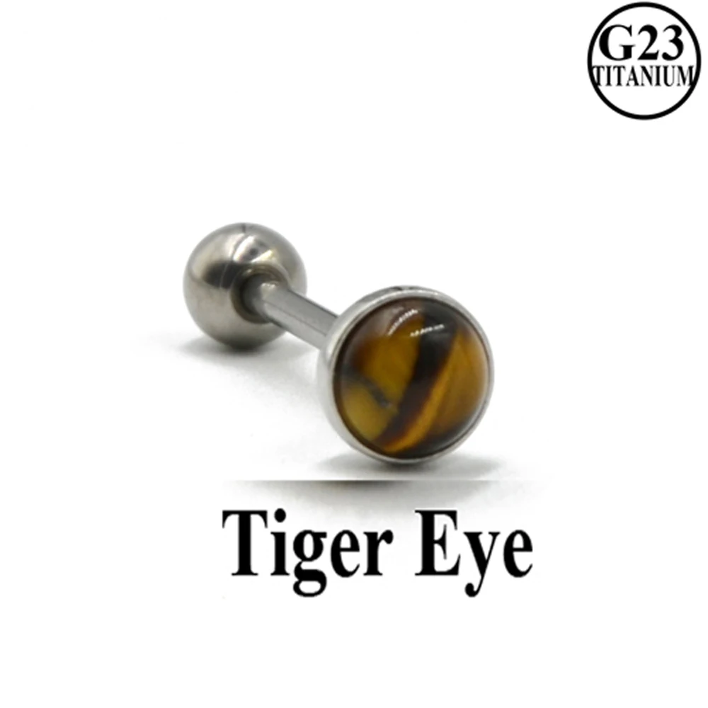 1Piece Titanium Or Steel Barbell Labradorite Tiger Eye White Line Stone Tongue Barbell Ring Body Piercing Tougue Bar Jewelry