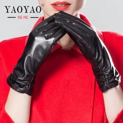 YY8176 Ladies New Arrival Spring/Autumn Genuine Leather Medium Long Thin/Thick Black Gloves Women Simple Commercial Ruffle Luvas