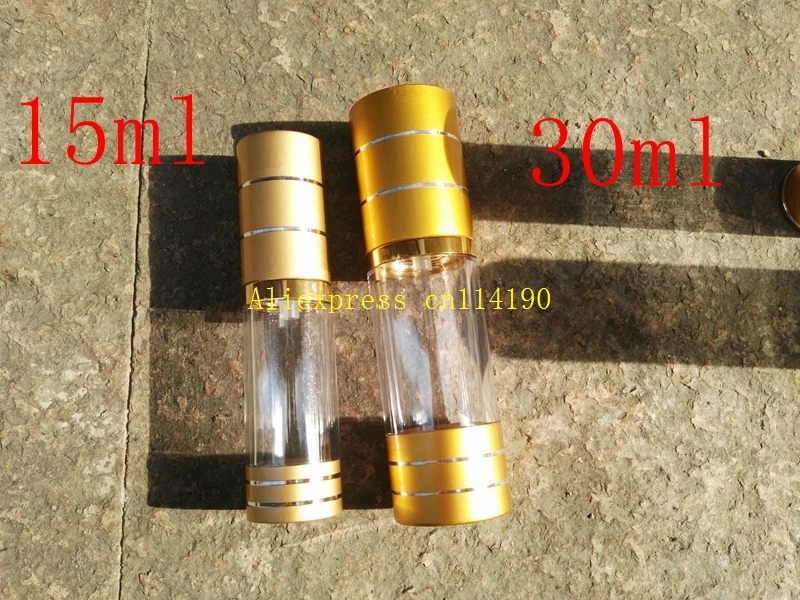 

500pcs/lot 15ML Vacuum bottle empty Vacuum Pump Gold Cap bottles 30ML Perfume Bottle For Essence Lotion