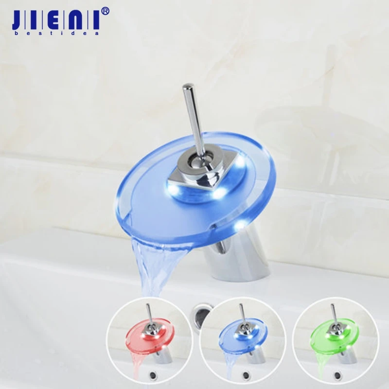 Jieni-pia com Luz Led Redonda de Vidro Jato tipo Cascata Alça Única Cromado Latão Banheiro Pia Torneira Misturador