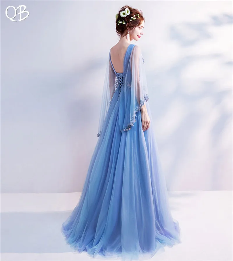 2020 New Fashion Blue V-neck A-line Lace Tulle Flowers Crystal Evening Dresses Elegant Long Formal Luxury Evening Gowns XK08I