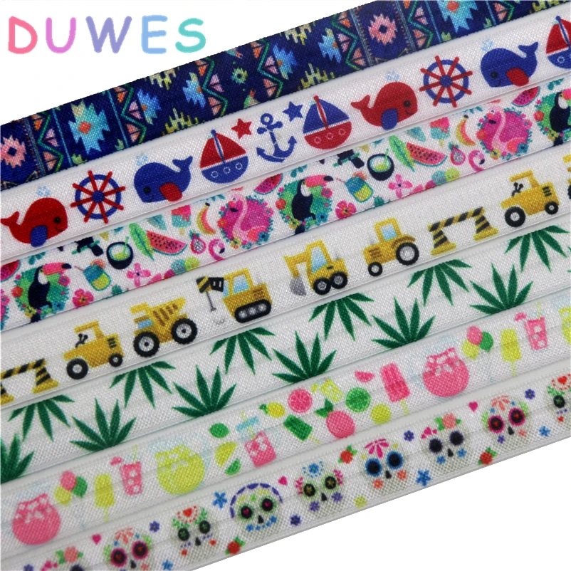 DUWES 5/8'' 50yards aztec leaf skull sea drink printed Fold Elastic FOE stretch ribbon hairbow headwear headband DIY OEM D1004