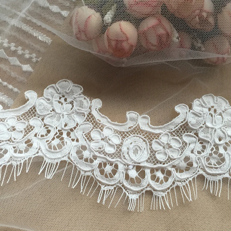 3 Yards/Lot Off White Bridal Veil Alencon Lace Trim , Floral Embroidery Chic Blossom Lace Fabric Trim for Wedding Accessory