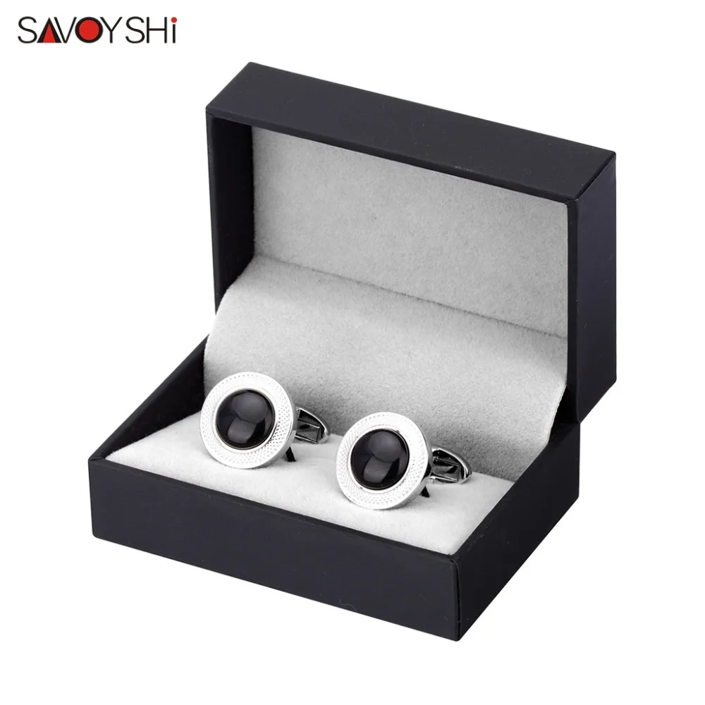 SAVOYSHI Luxury Black Stone Cufflinks for Mens High Quality Silver color Round Carving Pattern Cuff link Gift Brand Men Jewelry