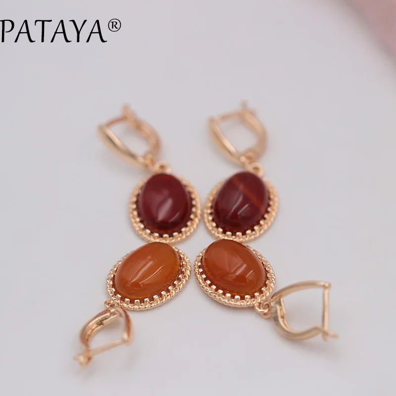 PATAYA Exclusive Multicolor Oval Natural Stone Earrings 585 Rose Gold Color Drop Earrings Women Wedding Party Vintage Jewelry