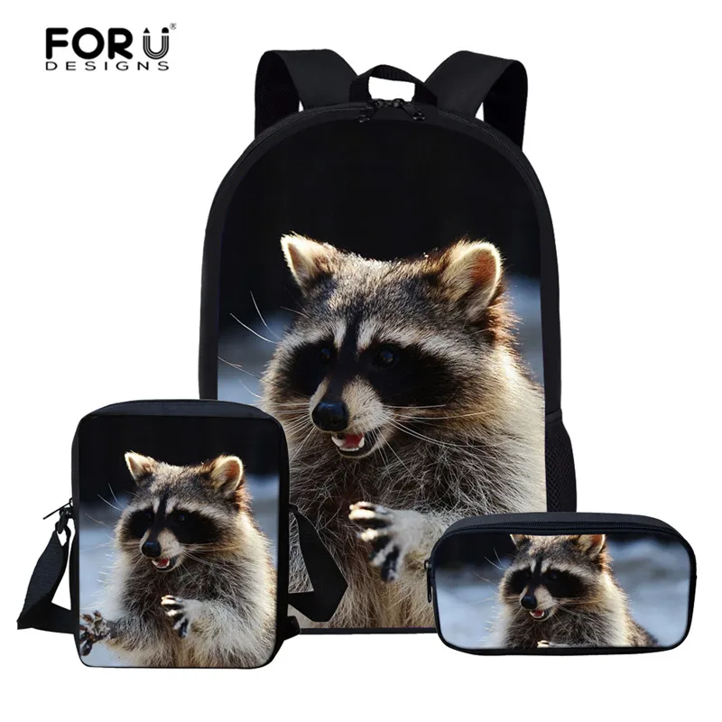 

FORUDESIGNS 3pcs Children School Bag Raccoon Backpack for Boy Girl School Bags Gift For Kids Backpacks schooltas mochila escolar