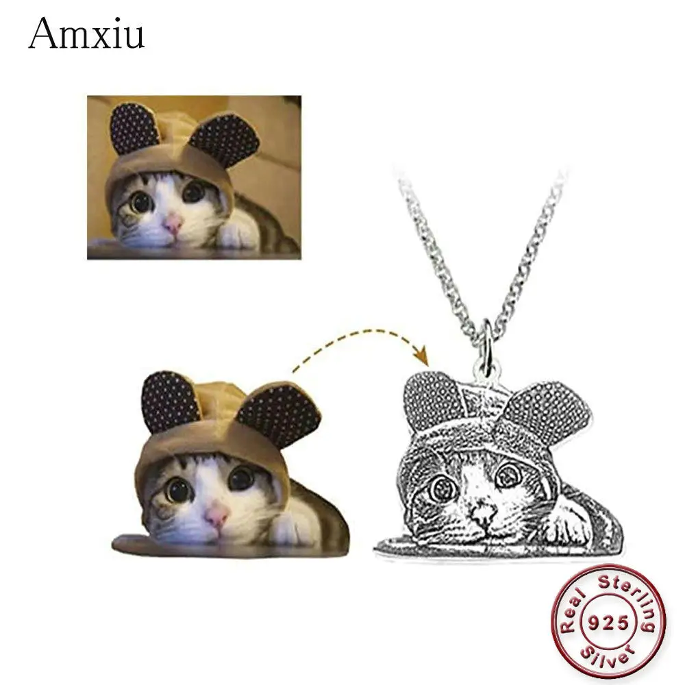 Amxiu Customized Pet Picture Necklace DIY 925 Sterling Silver Necklace Personalized Dog Cat Photo Necklaces Engrave Name Jewelry