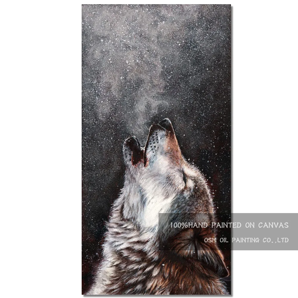 

Expert Artist Pure Handmade High Quality Wolf Howling Oil Painting on Canvas Modern Wolf Oil Painting for Living Room Decoration