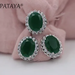 PATAYA New Arrivals Women Wedding Party Luxury Romantic Jewelry Set Accessories Oval Green Natural Zirconia Earrings Ring Sets