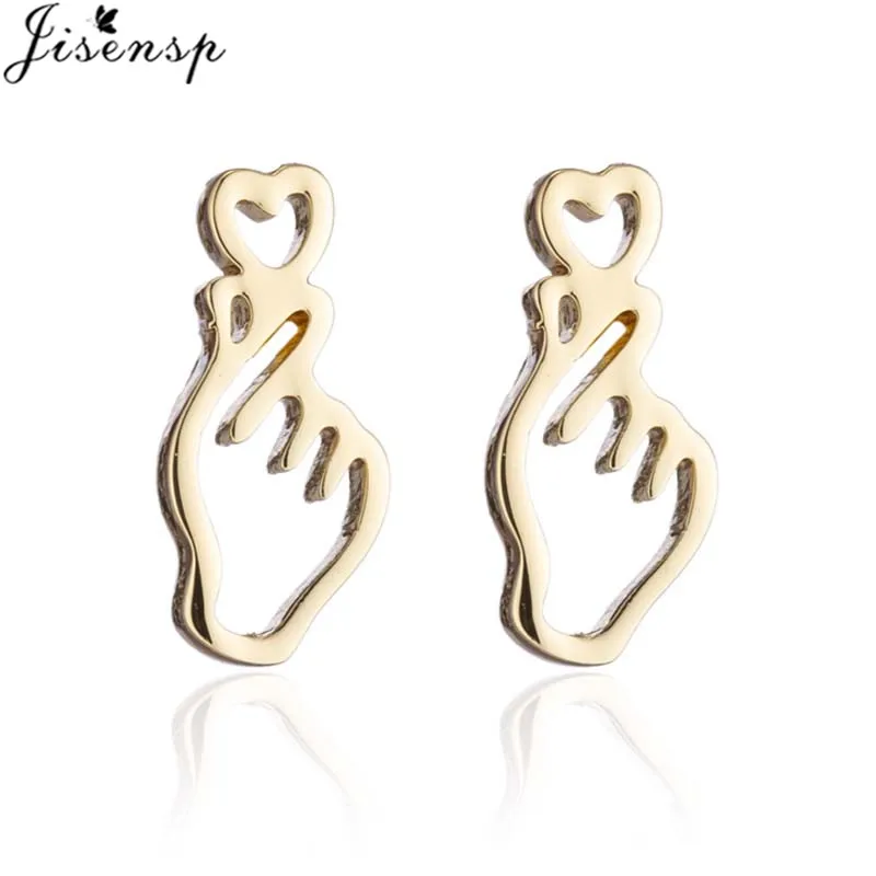 Jisensp Korean Style Fashion Finger Heart Gesture Stainless Steel Jewelry Sets Lovely Gesture Necklace Earrings for Women