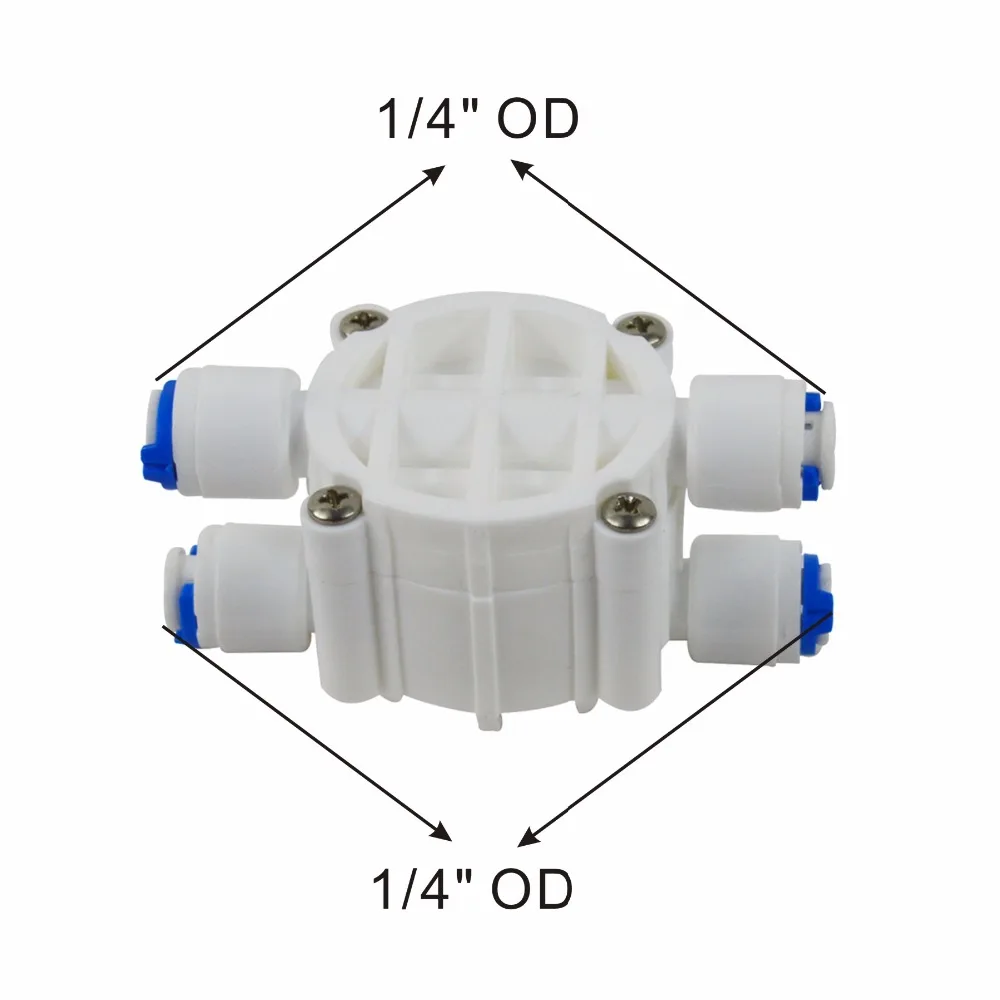 Adaptador de cuatro vías de 1/4 "OD, válvula de cierre automático para filtros de agua y sistemas de ósmosis inversa RO, paquete de 2