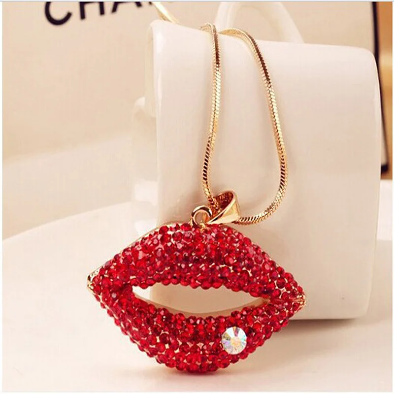 2020 trendy  Hot-Sexy Red Lips Necklace Ladies Rhinestone Jewelry Necklace Sexy Style Gold Color Chain Necklacs For Party Gifts