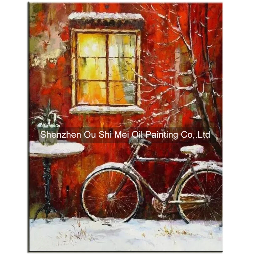 Hand Painted Oil Paintings on Canvas Wall Oil Painting Window Scenery Red Picture For Home Decor Bicycle on Street Landscape