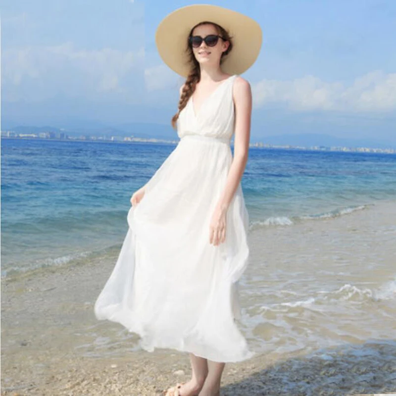 Women Silk dress Long Beach dress Shell 100% Natural Silk Solid dress summer dresses V-Neck Sleeveless Free Shipping HOT Sell