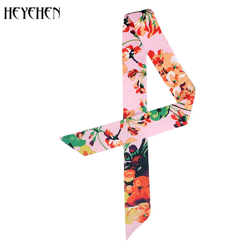 Korean style Geranium Print Women Fashion Skinny Small Bag Twill Silk Scarf Ribbon Head Hair Handle Tie Scarf Multifunction