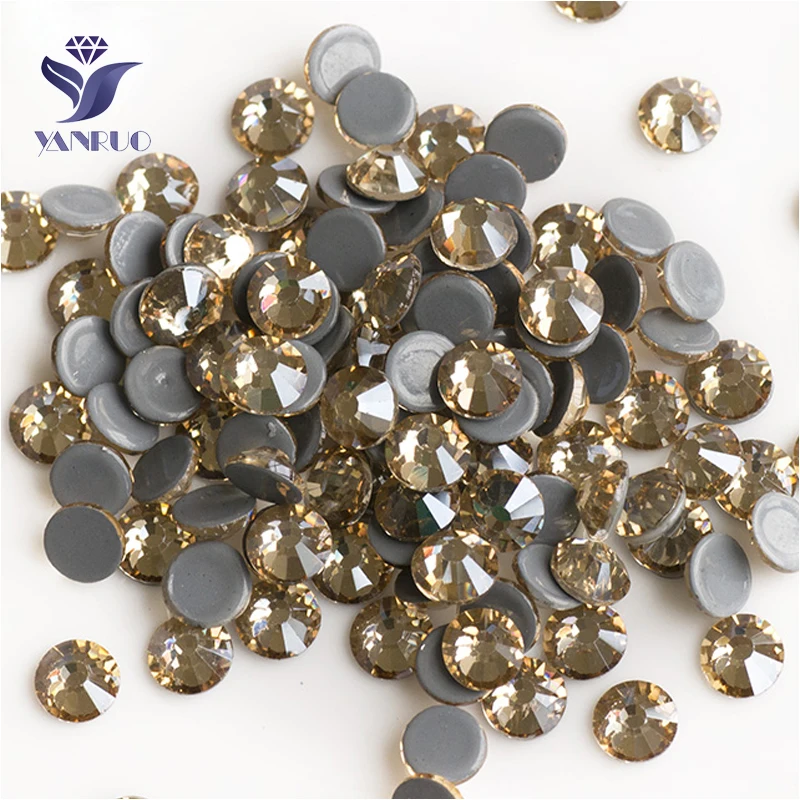 YANRUO 2058HF SS4-SS30 Golden Shadow Crystal Hot Fix Glass Strass Hotfix Flat Back Rhinestones For Wedding Dress