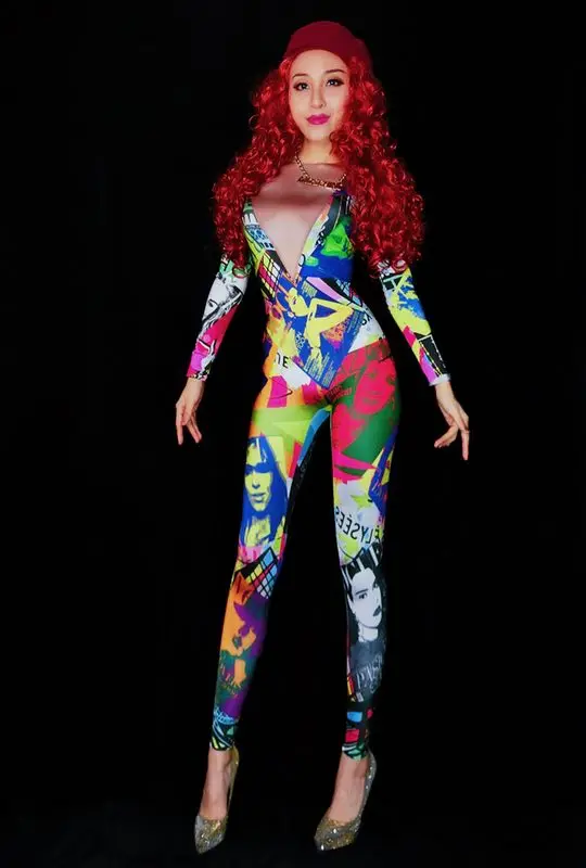 Fashion Colorful Dyeing Spandex Jumpsuit Female Singer Stretch Bodysuit One-piece Stretch Women's Birthday Party Stage Outfit