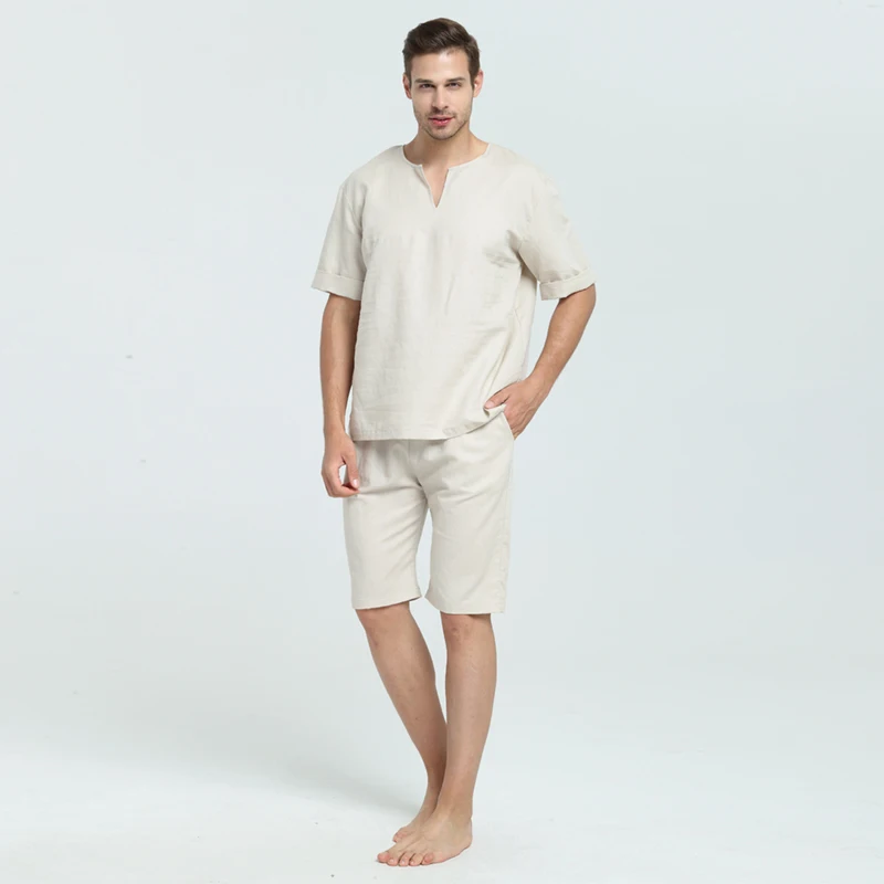 Men and Woen Unisex Ramie and Cotton Sumer and Spring  Short Top Sleepwear Home Wear Loungewear pajama Sets with Long Pants