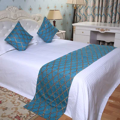 Veemi European Luxury Style Bed Table Runner Embroidered Rhombic Blue Bedding Bed Flag Towel Home Hotel Wedding Decorations