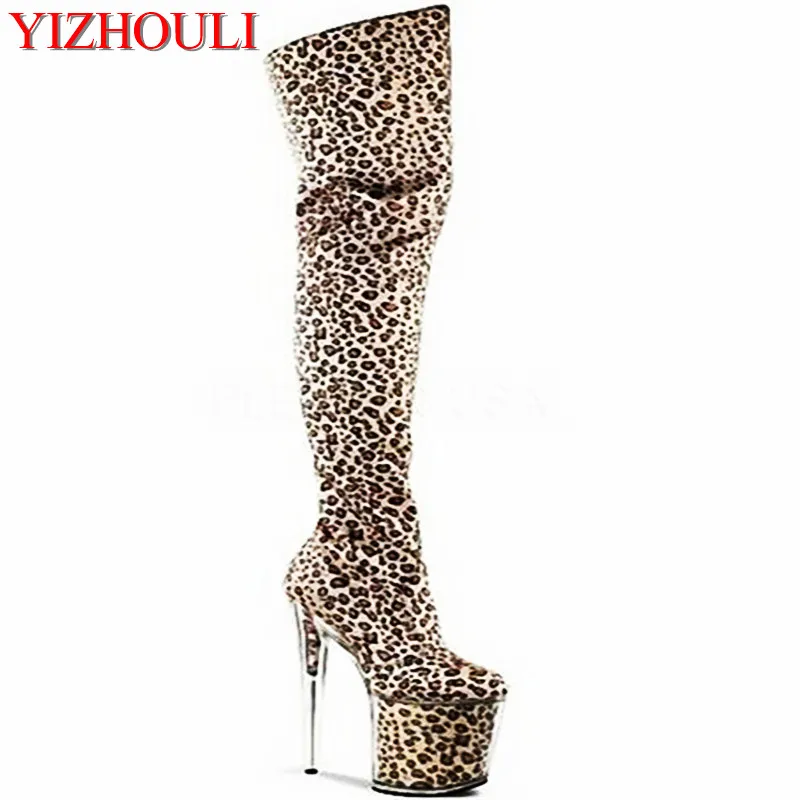 

Sexy stage shows sexy leopard color crystal core knee-high boots 20 cm high heels Dance Shoes